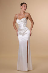 DAWSON GOWN - OFF WHITE STRETCH SATIN DRESS